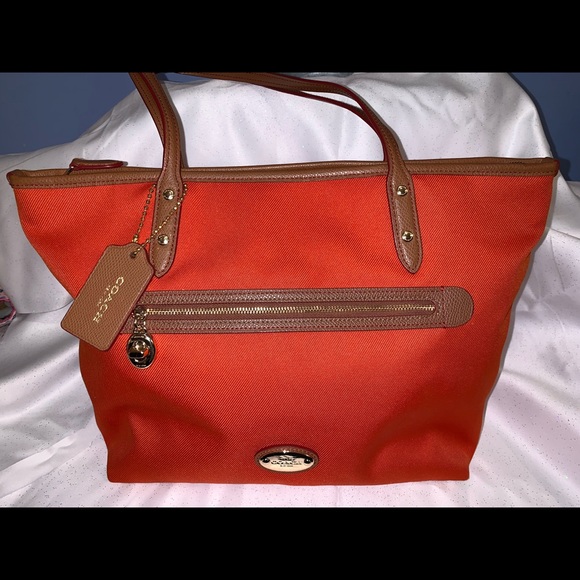 COACH Sawyer Canvas Tote Orange w/ Leather Trim - Picture 1 of 5